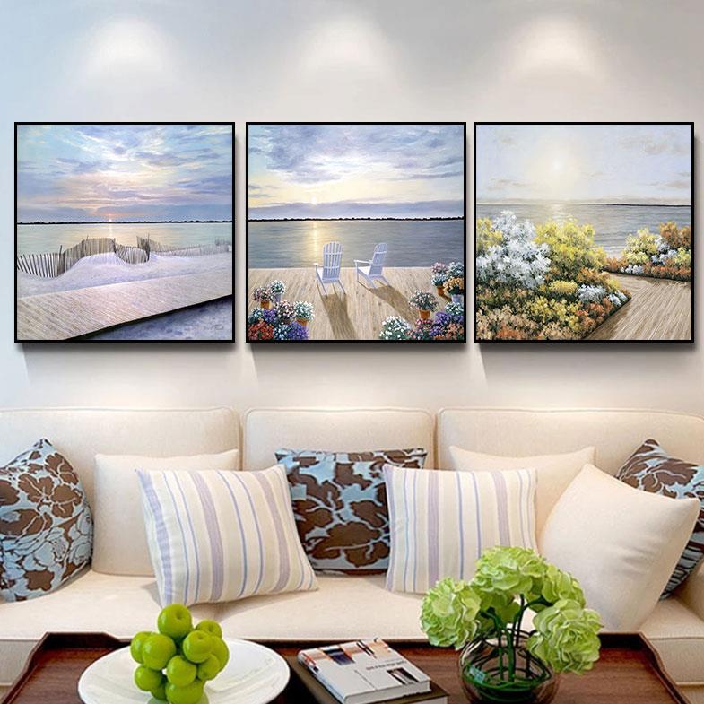 海边海景客厅装饰画现代简约沙发背景墙壁正方形三联餐厅风景挂画