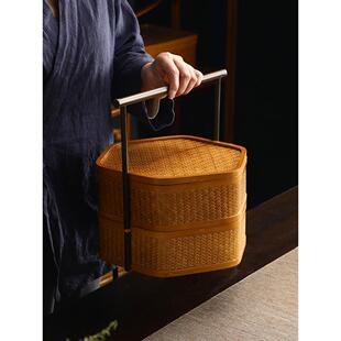竹编双层提盒中式提篮覆古竹篮手工食盒收纳盒礼盒茶具收纳糕点篮