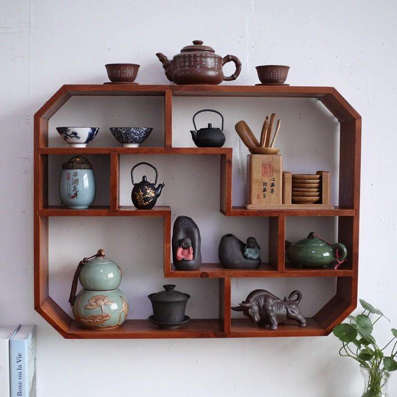 实木中式挂墙博古架置物壁挂茶具茶杯收纳展示架装饰壁饰木制墙上,家居饰品,壁饰,淘宝优惠券,粉丝福利购,淘宝优惠卷