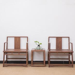 新中式禅意黑胡桃实木茶座椅三件套老榆木直背椅客厅会所酒楼茶几