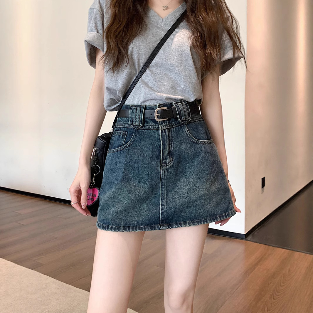 大码复古牛仔半身裙女夏季胖mm防走光高腰显瘦包臀a字短裙裤子
