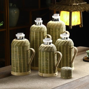 复古竹编玻璃内胆热水瓶家用手工传统木塞热水壶茶室办公室保温瓶