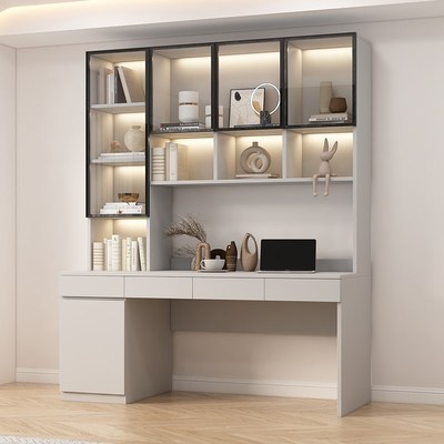 实木电脑桌台式书桌书架一体桌双人家用组合办公桌卧室学生写字桌