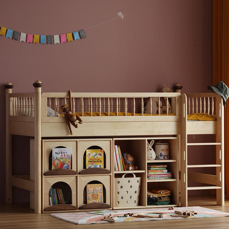 北欧实木儿童高低床男孩女孩半高床硬枫木小户型上下床带护栏柜子