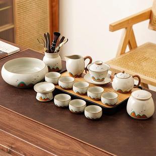 家用陶瓷茶壶盖碗茶杯茶盘泡茶具整套 金翼堂米黄汝窑功夫茶具套装