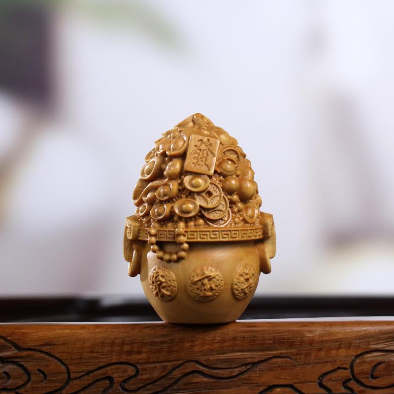 黄杨木雕刻聚宝盆手把件元宝葫芦如意木质雕刻中式家居桌面小摆件