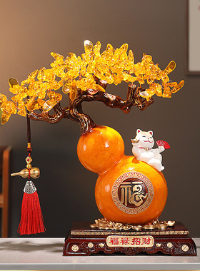 高档玄关酒柜水晶发财树摆件中式客厅电视柜乔迁装饰福禄招财