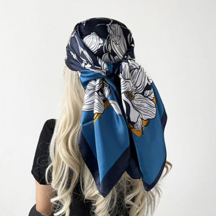 跨境中东新款包头巾女士90cm丝巾印花围巾大方巾搭配披肩丝巾