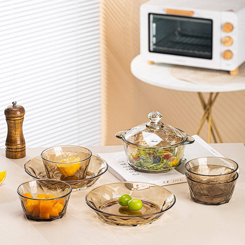 【可美瑞特】山水之间北欧钻石棱格茶色煲玻璃碗盘7件套,餐饮具,餐具瓷器套装,淘宝优惠券,粉丝福利购,淘宝优惠卷