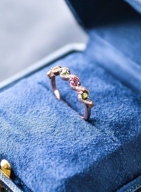 彩颜戒指女款镶嵌防碧玺复古轻奢小众设计彩色活口可调节指环