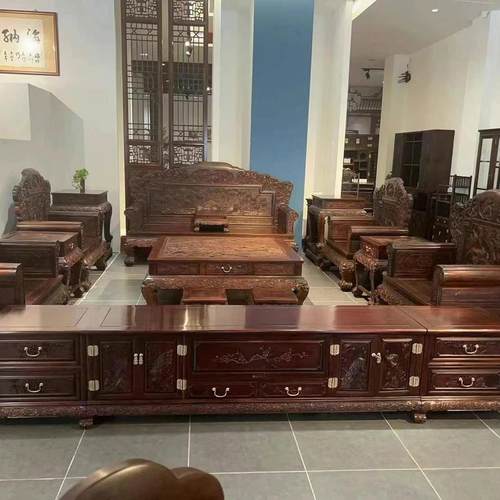 工厂直销交趾黄檀国宾西潘连13件套大红酸枝孔雀开屏沙发别墅定制