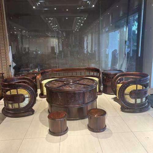 老挝大红酸枝大富贵沙发十件套 交趾黄檀实木红木新中式书卷宝座