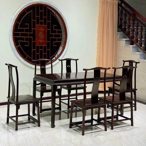 明式老挝大红酸枝莲花餐桌交趾黄檀高档红木圆餐桌组合支持定做