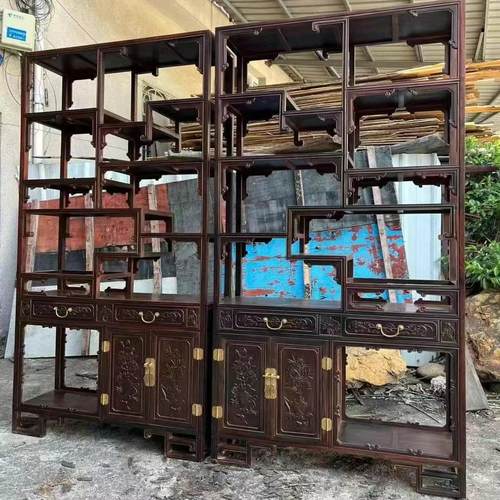 大红酸枝黑飘红料明式博古架红木多宝阁中式实木家具古董架置物架