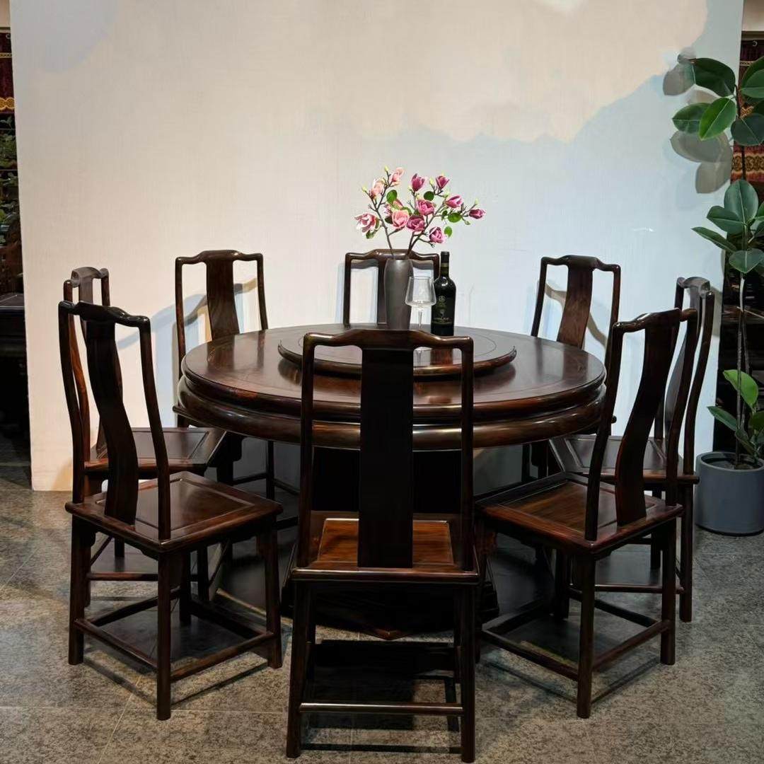 红木家具老挝大红酸枝餐桌交趾黄檀圆形饭桌中式简约餐厅家具老料