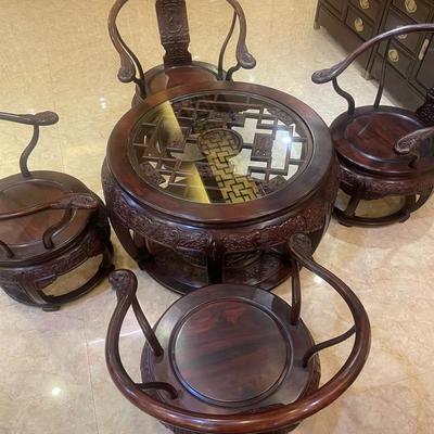老挝大红酸枝红木家具小圆桌家用休闲茶桌交趾黄檀全套新中式古典