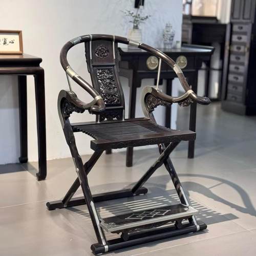 大红酸枝黑料纯手工镶嵌铜件百宝交椅中式红木折叠式椅圈椅靠背椅