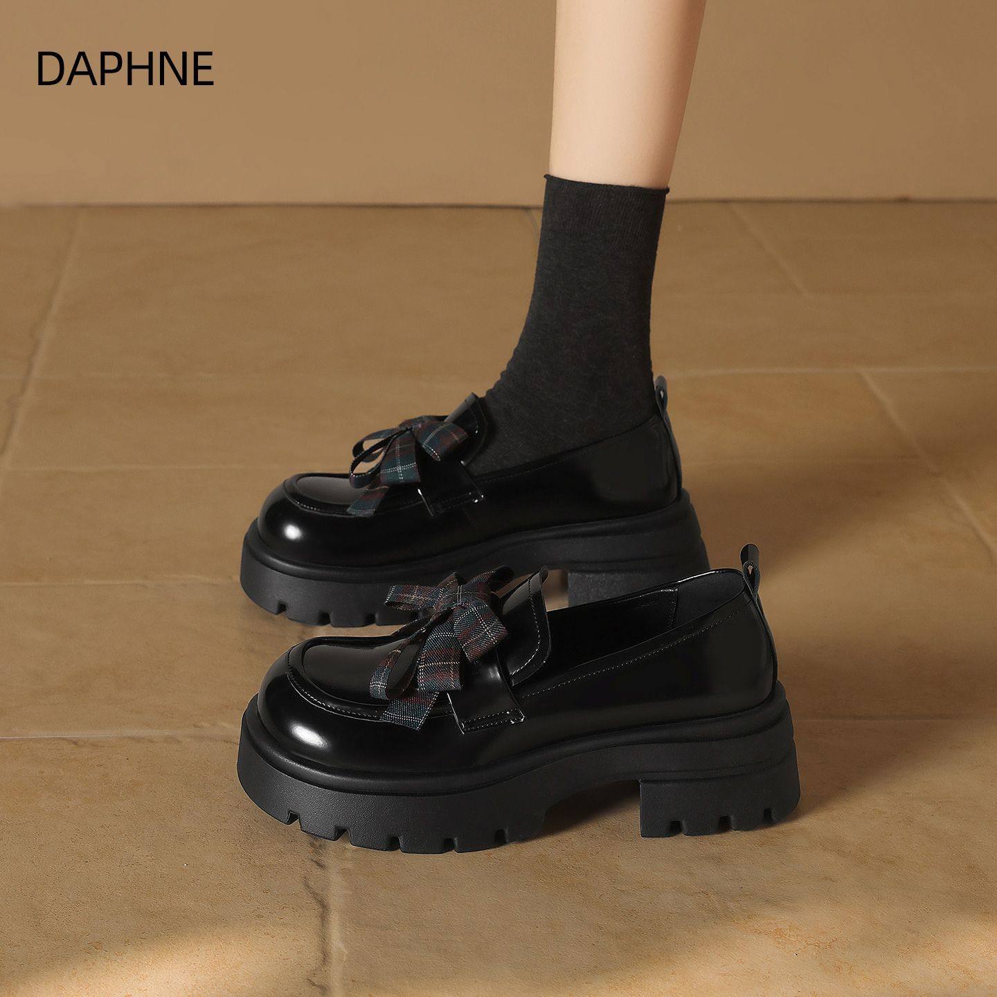 达芙妮jk小皮鞋女2026春季新款黑色厚底增高蝴蝶结乐福鞋软底单鞋,女鞋,乐福鞋（豆豆鞋）,淘宝优惠券,粉丝福利购,淘宝优惠卷