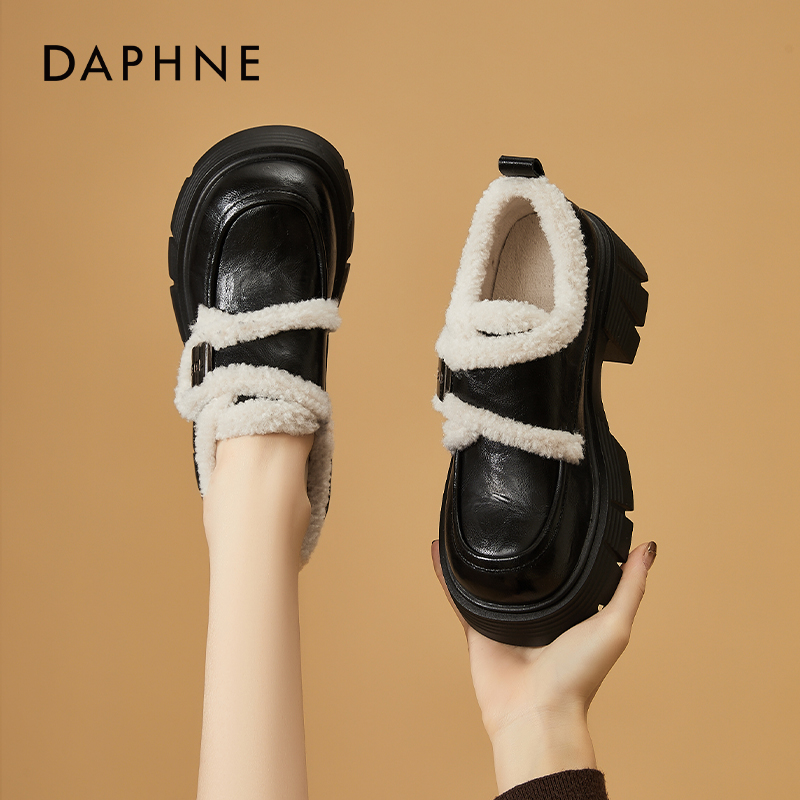 加绒厚底乐福鞋达芙妮单鞋英伦风