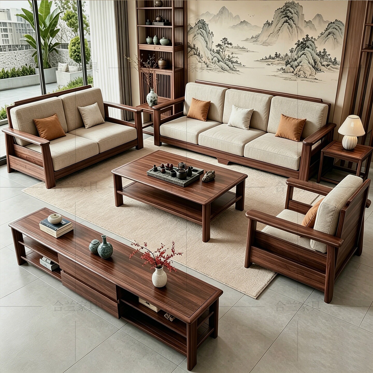 新中式黑胡桃木全实木沙发宋氏美学2026新款直排转角布艺客厅家具