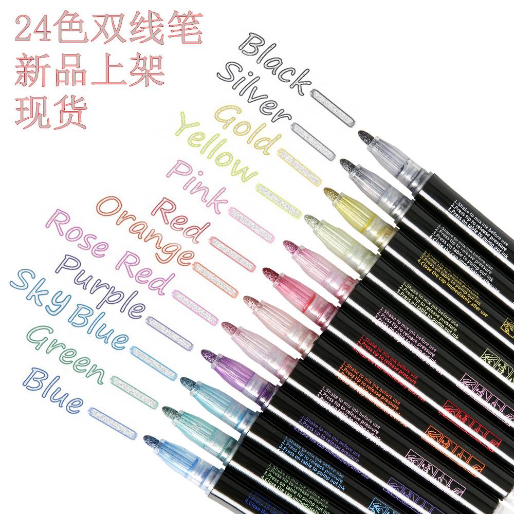 跨境亚马逊梦幻双线笔彩色手账笔金属笔轮廓笔手绘12色荧光标记笔