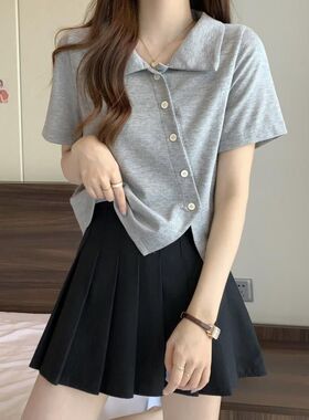 不规则短袖T恤女夏季时尚显瘦遮肚子设计感正肩Polo衫上衣休闲潮