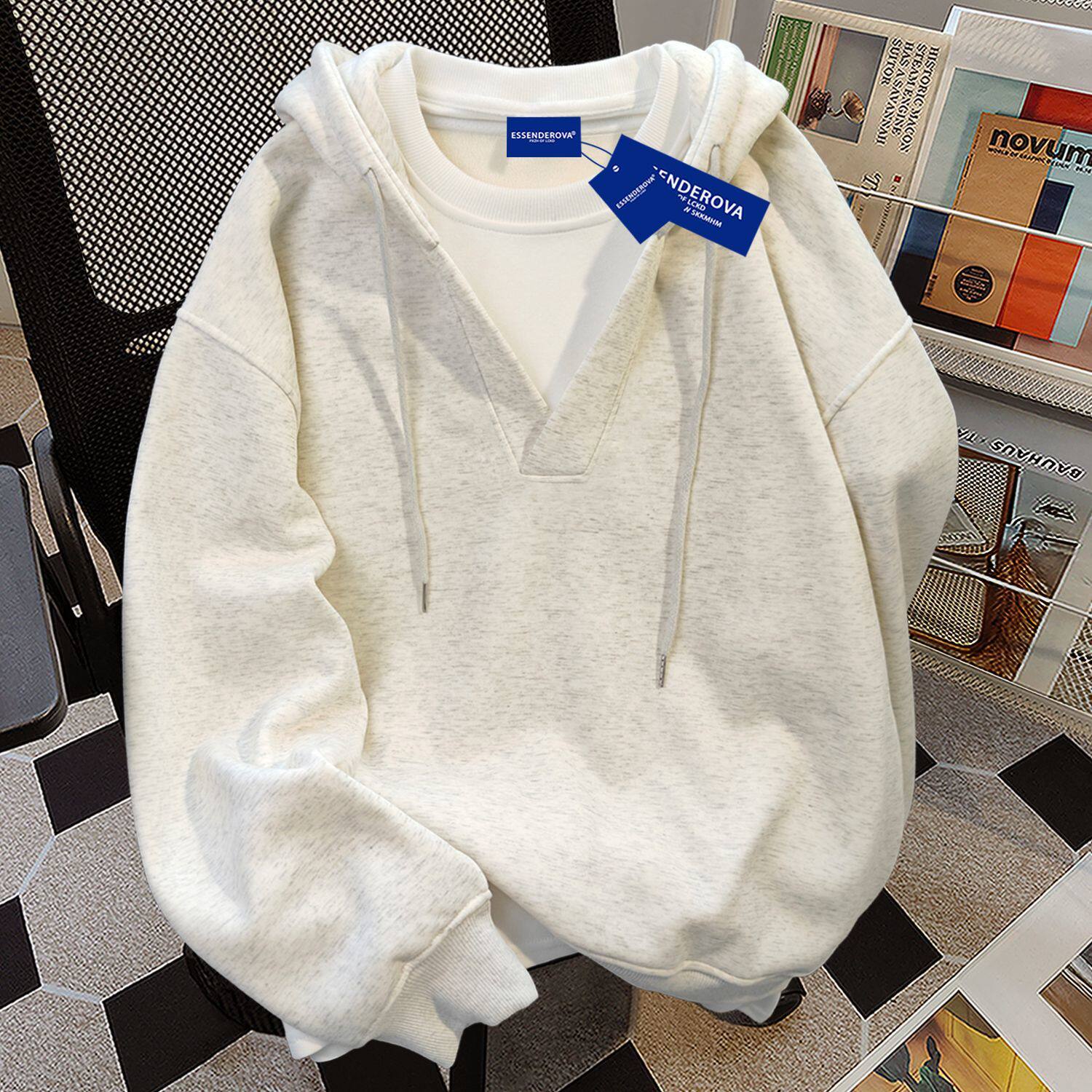 100%纯棉简约美式假两件连帽卫衣男女秋冬季宽松显瘦加绒学生外套