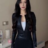 拉链弹力皮衣外套2025黑色春秋高级新款 机车夹克上衣 短款