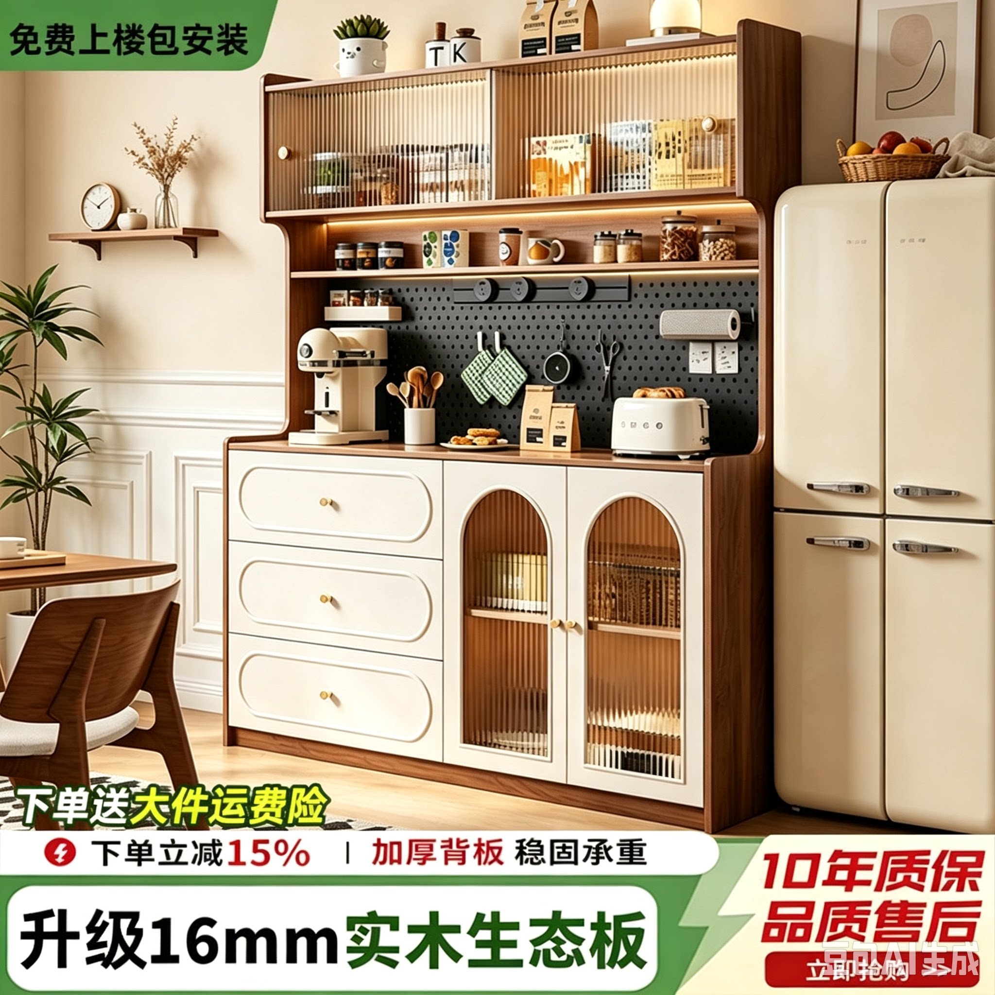 中古风餐边柜一体靠墙收纳柜家用厨房储物柜多功能茶水酒柜置物柜