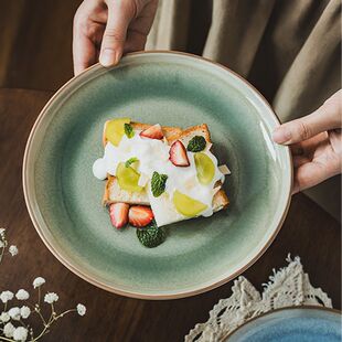 窑变釉盘子陶瓷餐具观星绿色好看大号盘子彩色深盘轻奢商用点心盘