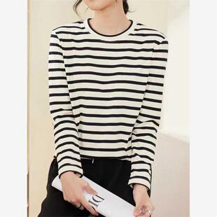 圆领宽松杏色内搭打底衫 条纹长袖 法式 新款 外穿上衣 T恤女2025春季