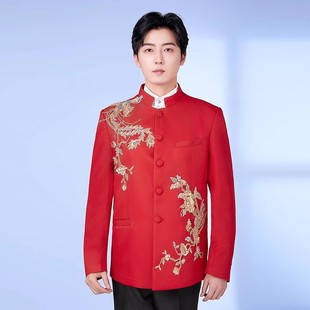 红色中山装演出服男士青少年老年红歌贴花年会表演合唱团民族服装