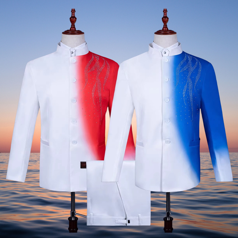 男士白色中山装舞台渐变演出礼服