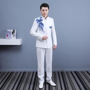 民族风白色中山装演出服合唱团成人中式服装主持司仪礼服舞台男装