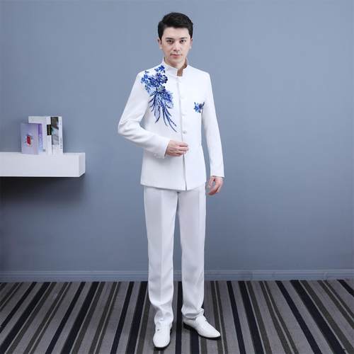 民族风白色中山装演出合唱团服装