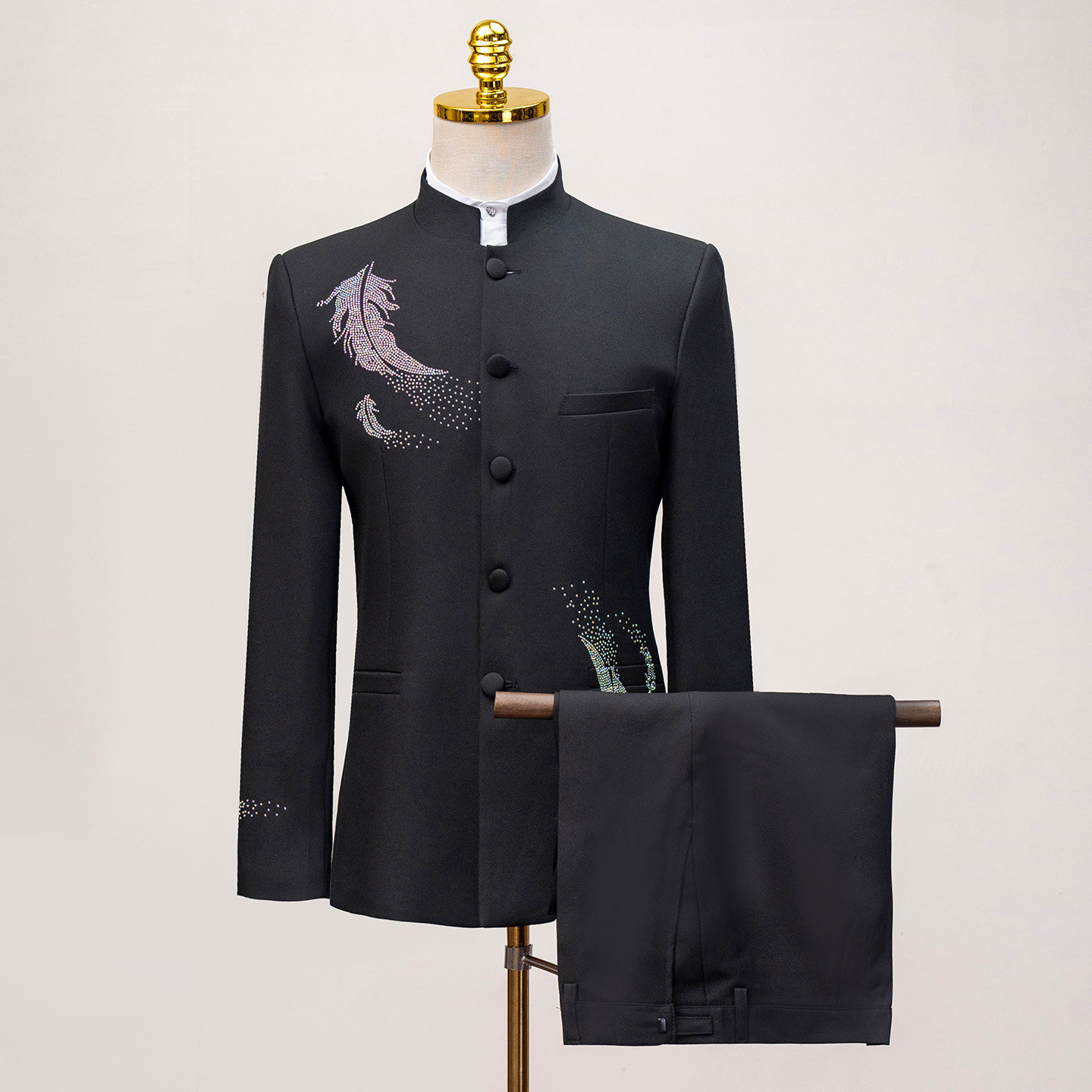 青年烫钻男士中山装合唱表演服装