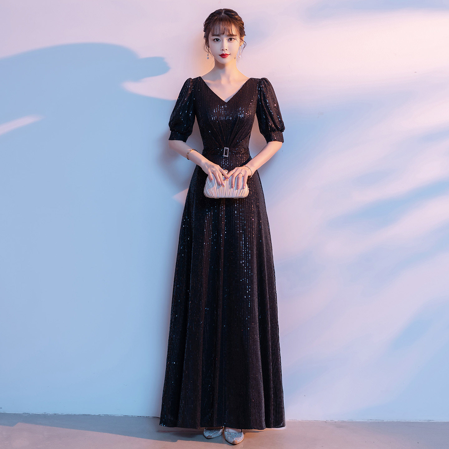 女士大合唱团成人黑色演出晚礼服