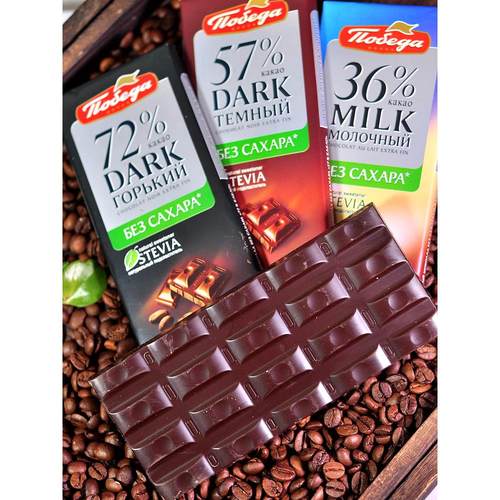 俄罗斯黑巧原装进口胜利纯可可脂0糖黑巧克力36%57%72%无蔗糖三块