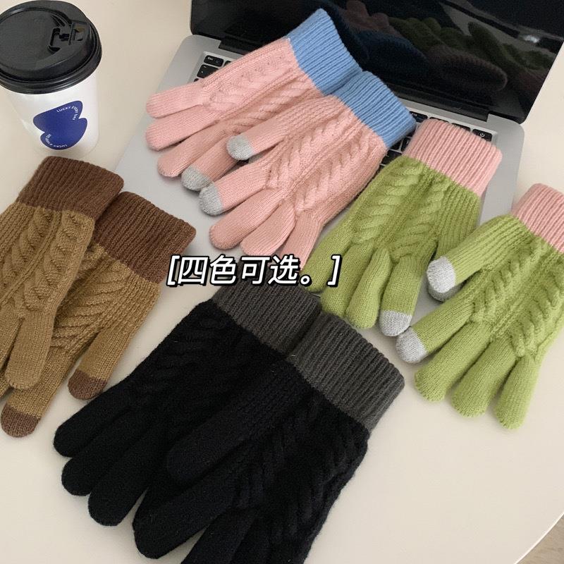 触屏针织保暖手套冬季韩版男女学生可爱毛线加绒加厚骑车糖果拼色