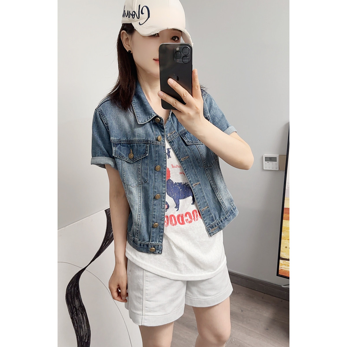 夏季短款牛仔薄外套女外搭休闲显瘦宽松上衣翻领复古时髦中袖衬衫
