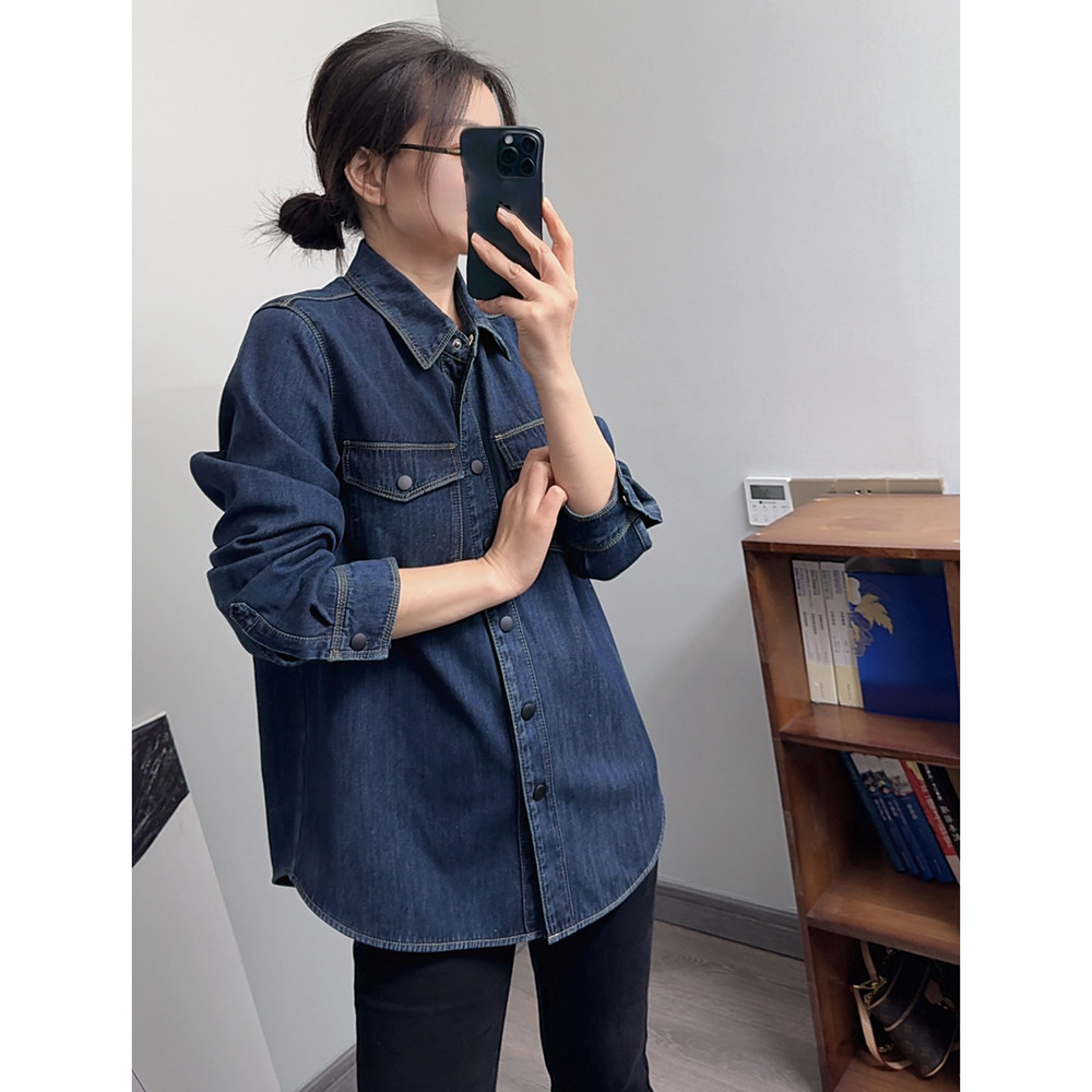 加绒加厚正肩牛仔衬衫女深蓝色保暖上衣宽松休闲外穿打底上衣外套