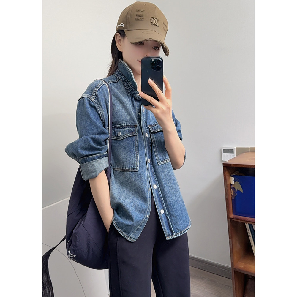 定制高货倪妮同款蓝色牛仔外套春秋短款宽松上衣重工水洗磨破工艺
