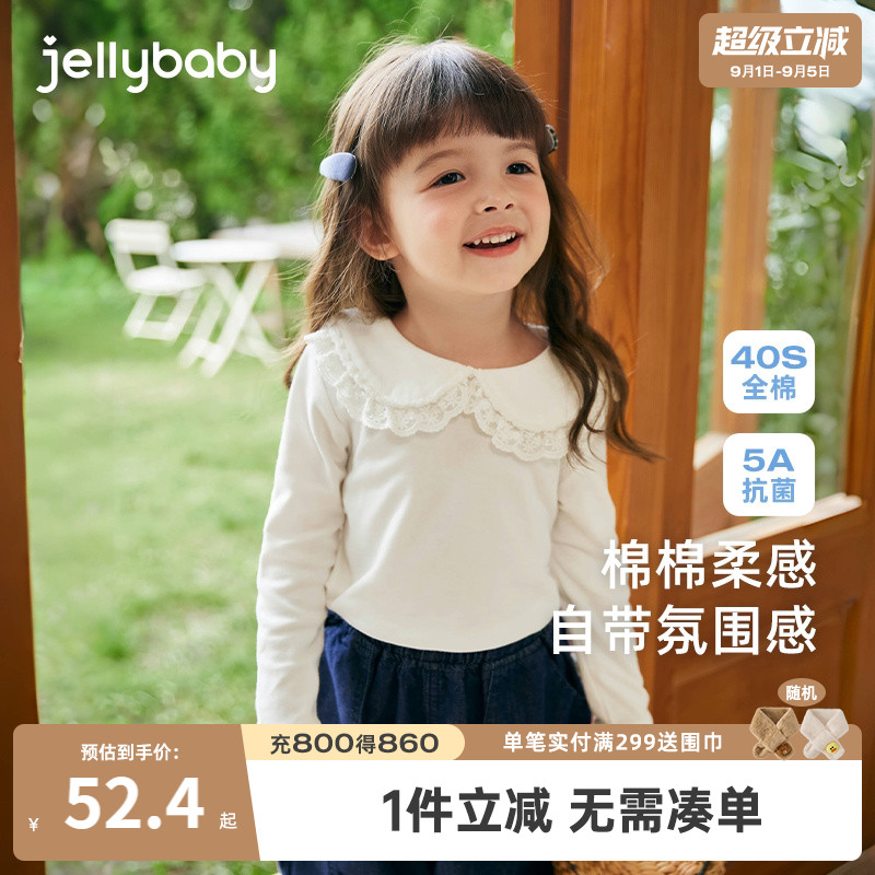 女童春秋纯棉蕾丝翻领长袖T恤图片