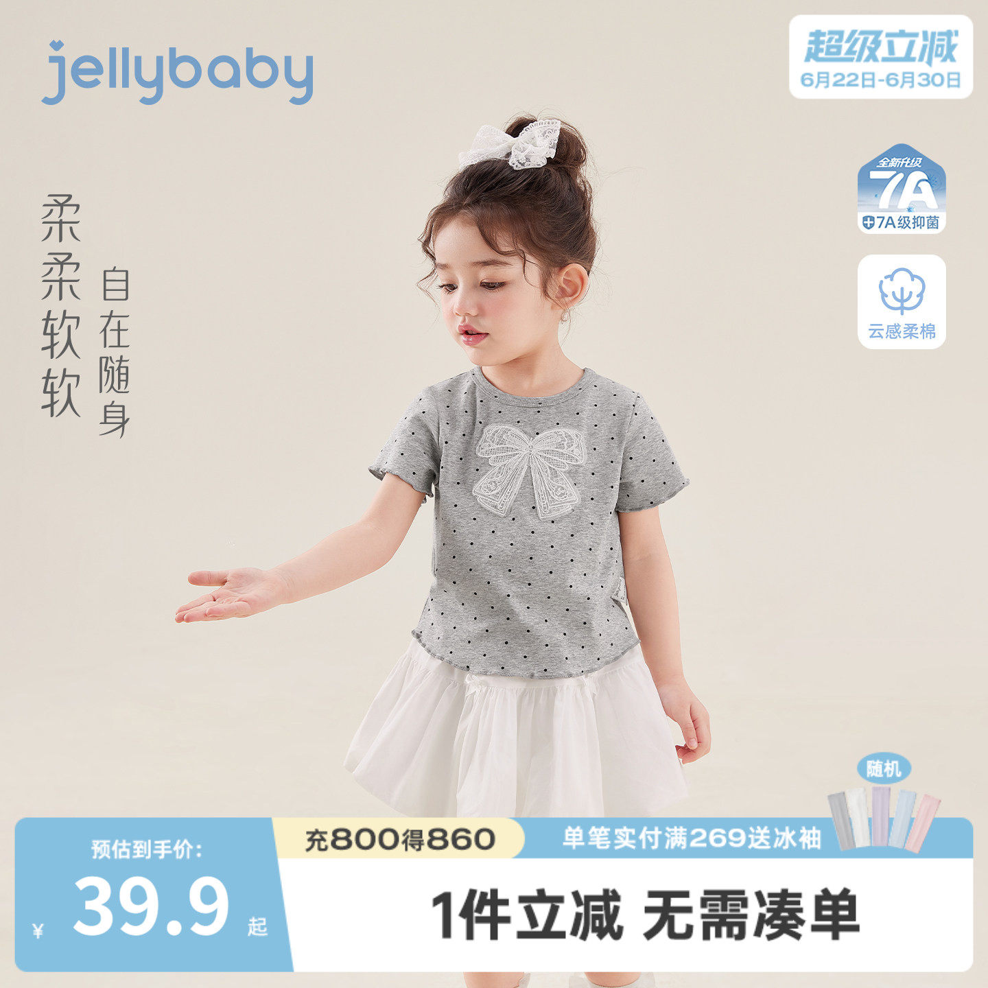 杰里贝比女童短袖夏季甜美儿童t恤波点法式小童夏装5岁女宝宝衣服