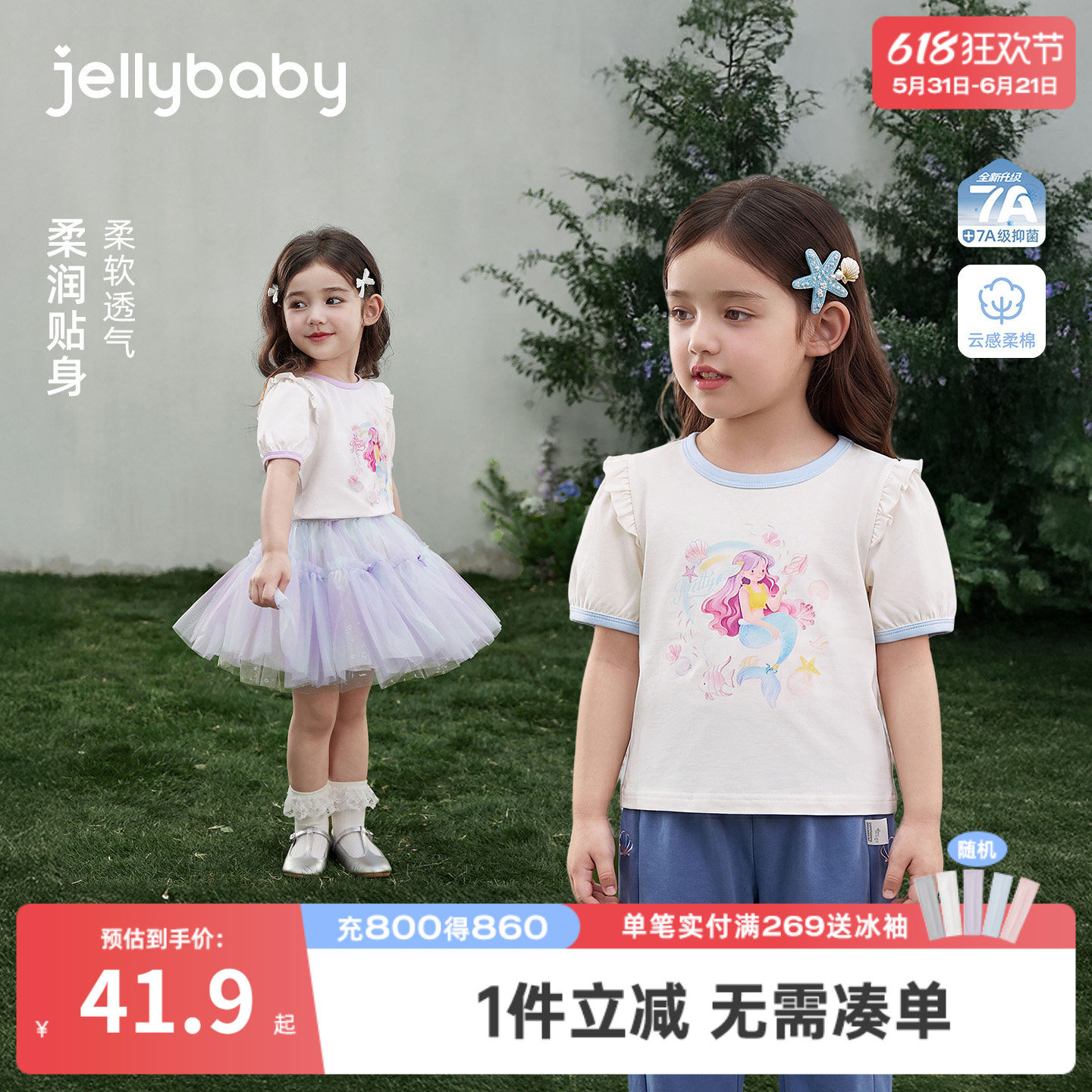 jellybaby儿童短袖甜美女童夏装人鱼宝宝衣服2026夏季薄款小童t恤