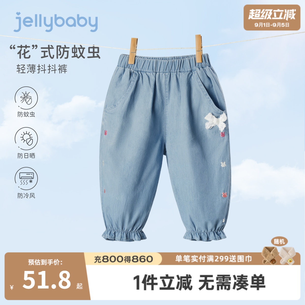 杰里贝比女童夏季纯棉防蚊牛仔裤图片