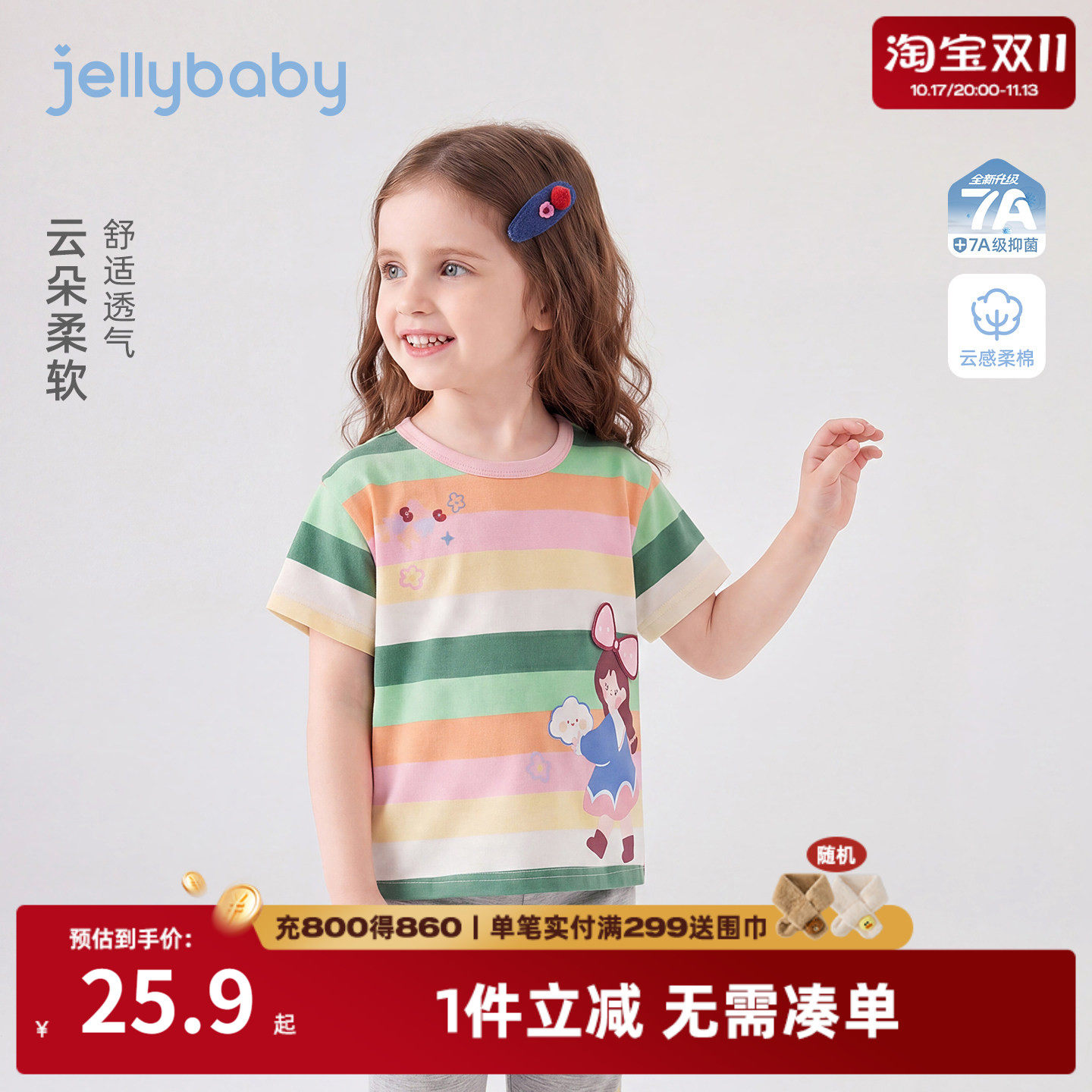 杰里贝比女童彩色短袖儿童条纹上衣小童夏装2026夏季薄款宝宝衣服