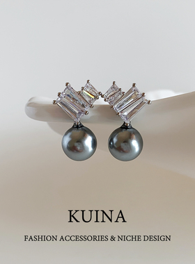 2025新款轻奢灰色珍珠耳坠耳环女精致小众高级感耳钉气质爱心耳饰