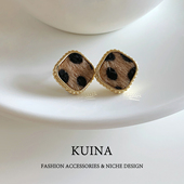 方形豹纹耳环女复古港风轻奢气质大气高级感纯银针耳钉显脸小耳饰