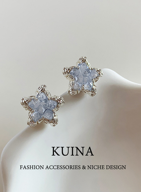 蓝色星星耳钉女纯银针水晶耳环2025新款爆款高级感独特气质耳饰品